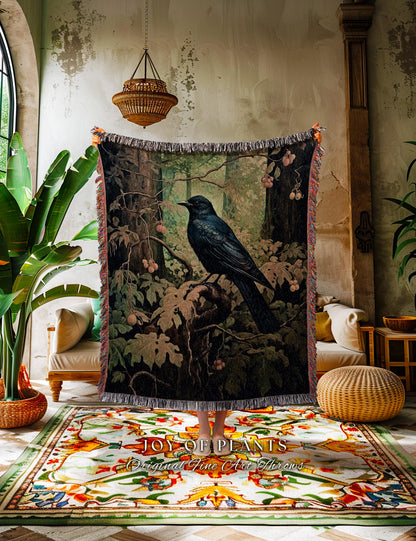 Enchanted Forest Raven Blanket Dark Woodland Gothic Tapestry | Cottagecore Crowcore Woven Throw Mystical Nature Whimsical Whimsigoth Decor