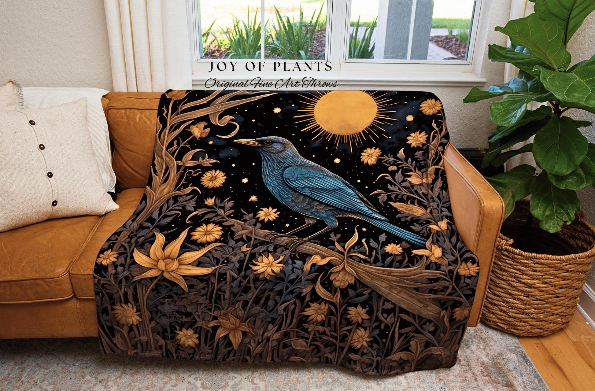 Celestial Crow Blanket Mystical Night Garden Tapestry | Gothic Nature Raven Decor Dark Cottagecore Woven Throw Enchanted Boho Crowcore Art