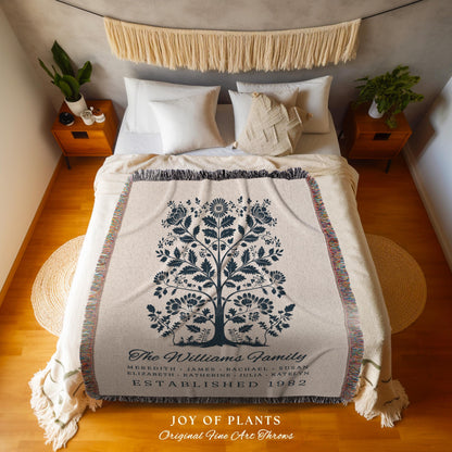 Vintage Folk Art Family Tree Blanket with Names Heritage Cottagecore Decor, Personalized Heirloom Tapestry Woven Throw Custom Nostalgic Gift