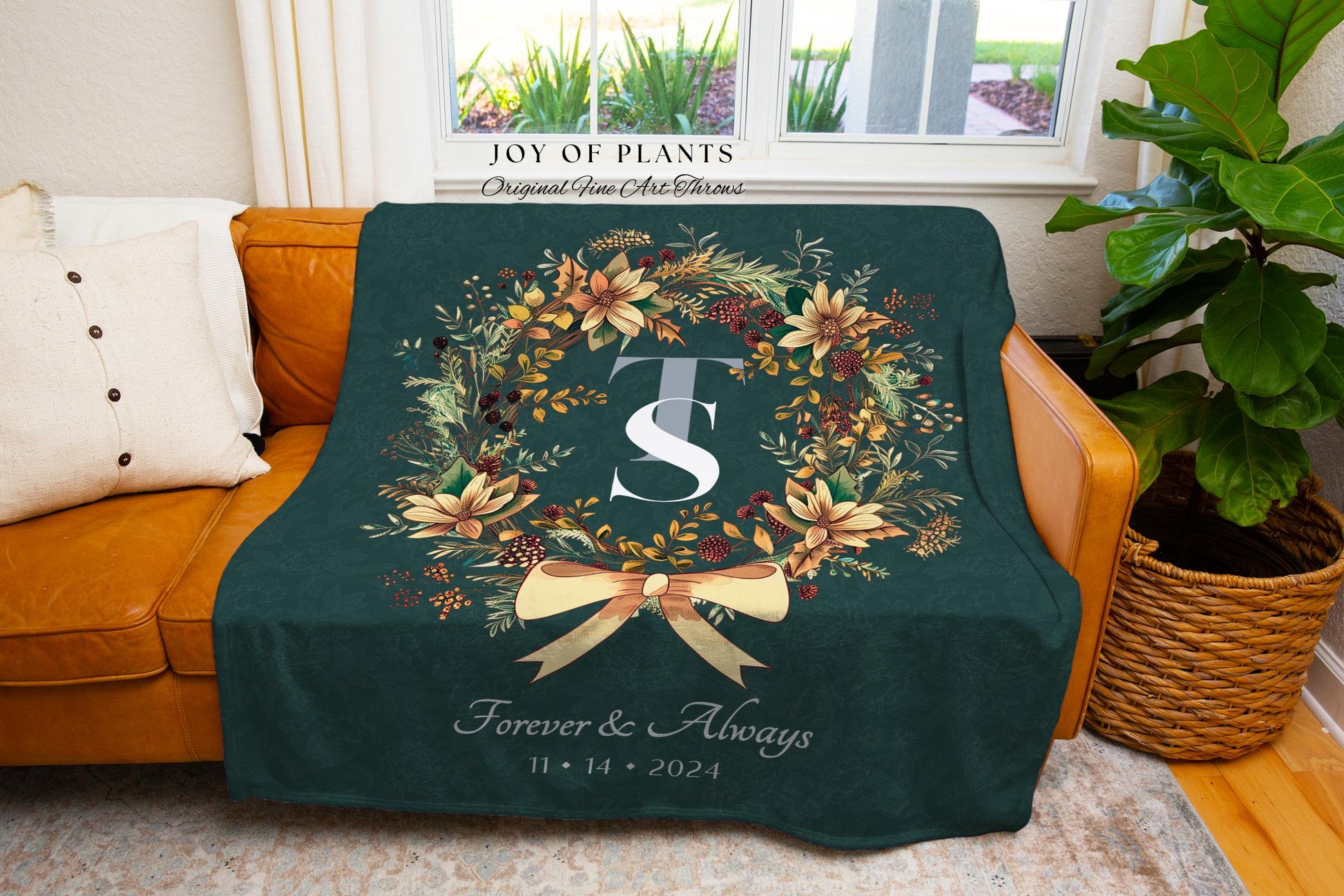 Couples Initials Anniversary Blanket | Personalized His and Hers Woven Tapestry Custom Wedding Monogram Sentimental Keepsake Wreath Blanket