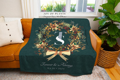 Couples Initials Anniversary Blanket | Personalized His and Hers Woven Tapestry Custom Wedding Monogram Sentimental Keepsake Wreath Blanket
