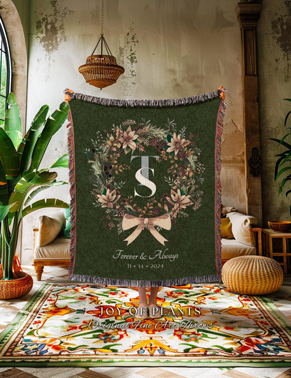 Rustic Floral Wreathe Monogram Blanket Custom Couple Tapestry Throw Personalized Wedding Keepsake Rustic Sage Green Decor Cozy Forever Gift