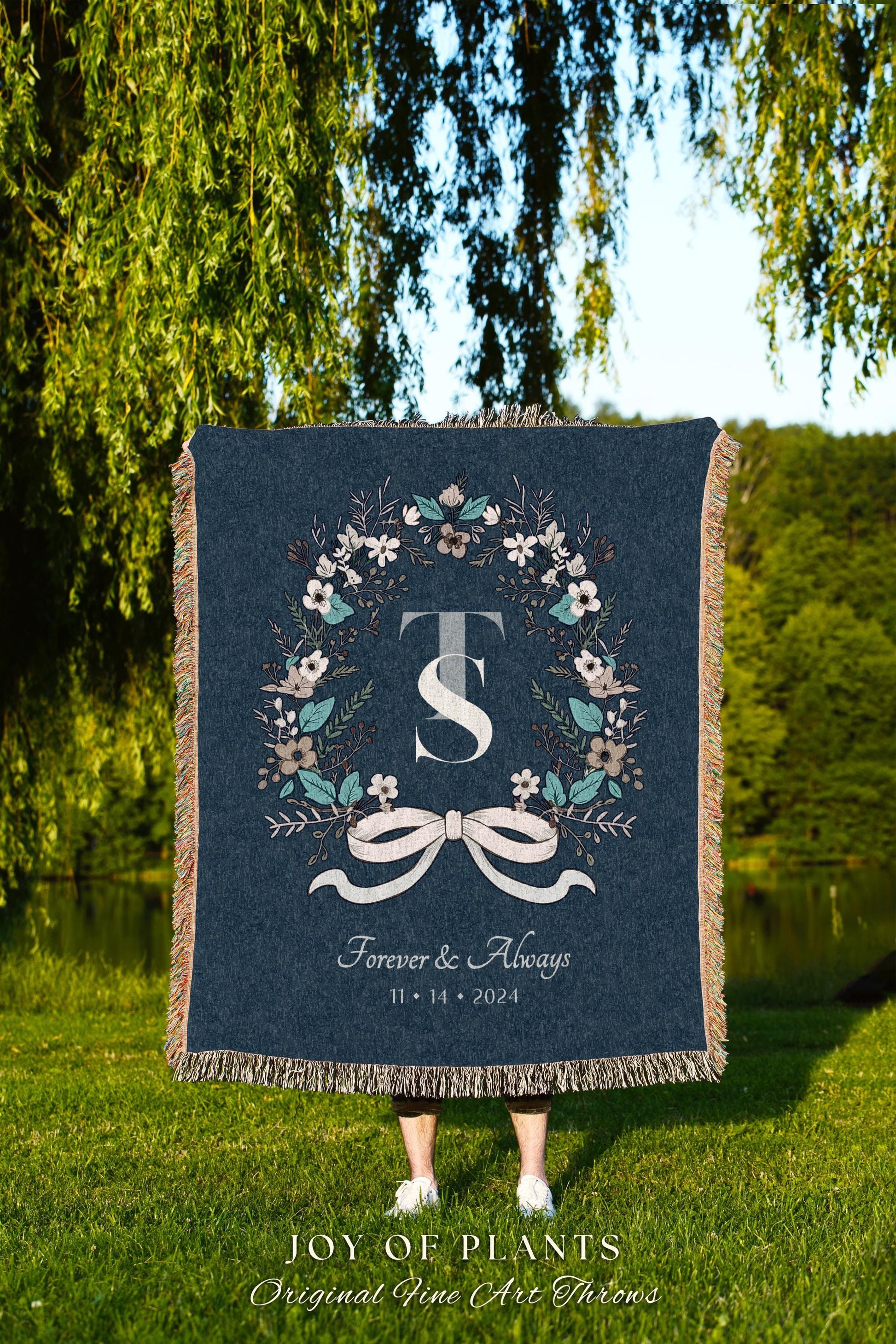 Farmhouse Wedding Wreath Blanket Custom | Rustic Tapestry Keepsake His and Hers Dating Anniversary Floral Wreath for Girlfriend Initials |