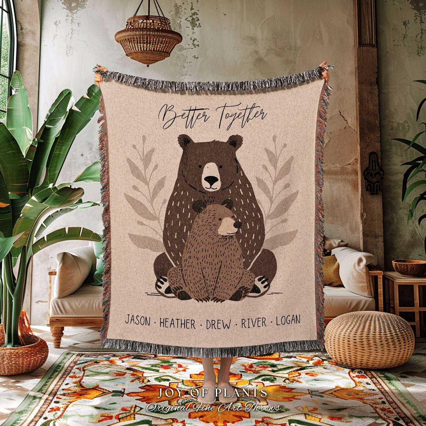 Mama Bear Custom Name Throw | Personalized Gift for Mom with Grandchildren Names Meaningful Parent Tapestry Woven Throw Boho Aesthetic