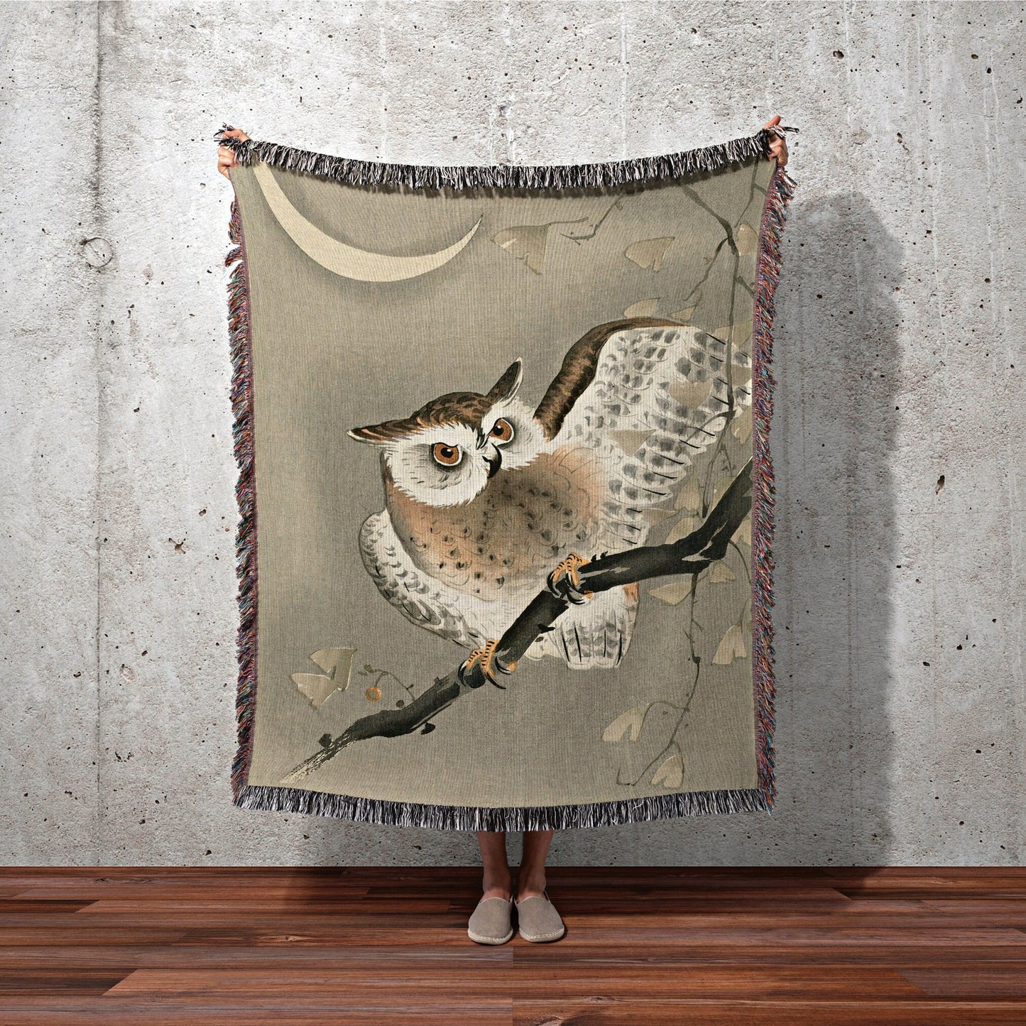 Woven Japanese Owl Blanket | Owl Art | Black Crow Core | Watercolor Art Vintage Throw Blanket | Dark Academia Tapestry | Woven Throw Blanket