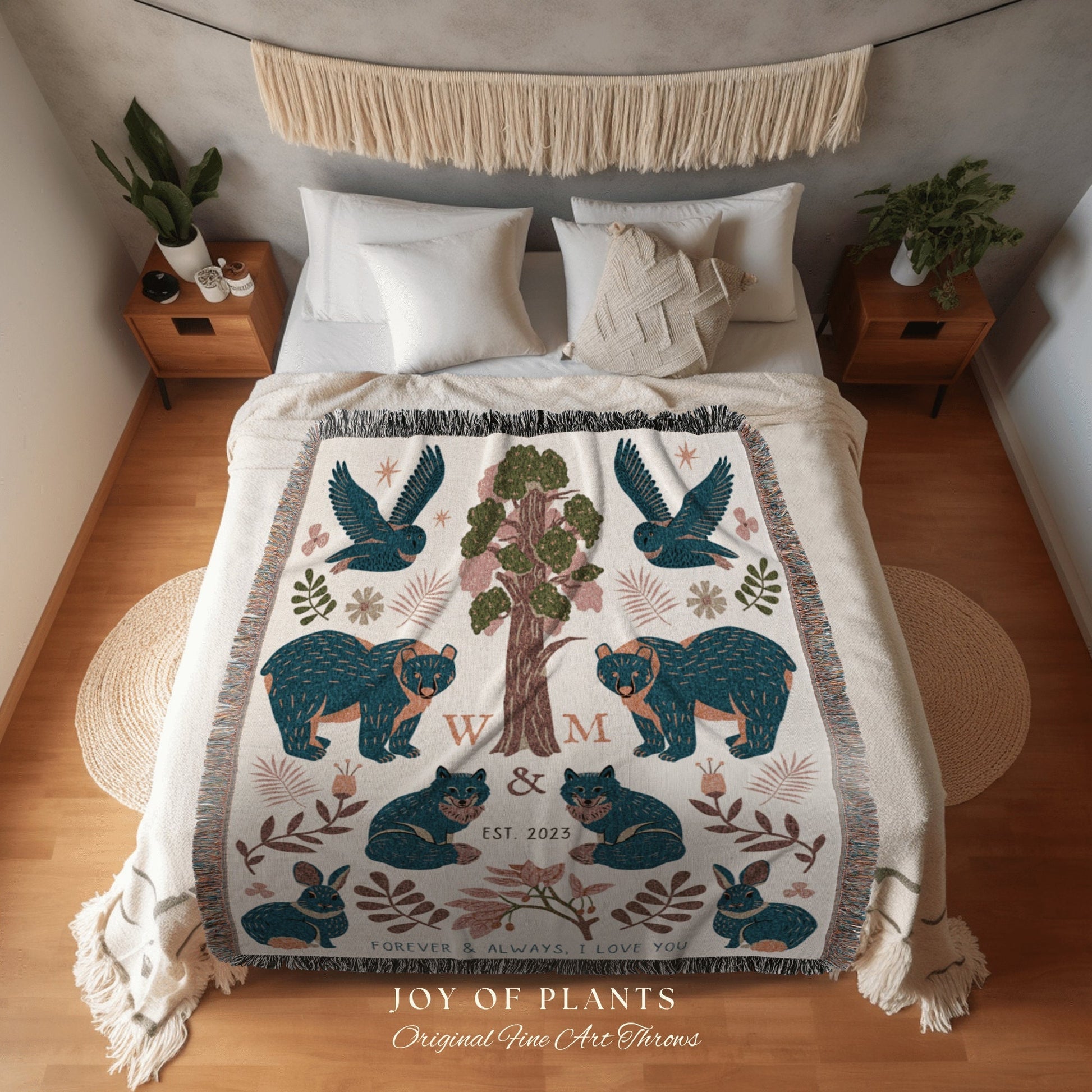 Royal Blue Woodland Blanket Custom Anniversary Gift Cottagecore Wedding Initials Blanket Personalized Couples Gift Blanket Custom Tapestry |