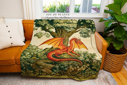 Whimsical Red Dragon Blanket Antique Forest Scene Tapestry Throw | Light Academia Aesthetic Medieval Inspired Mystical Fantasy Home Decor