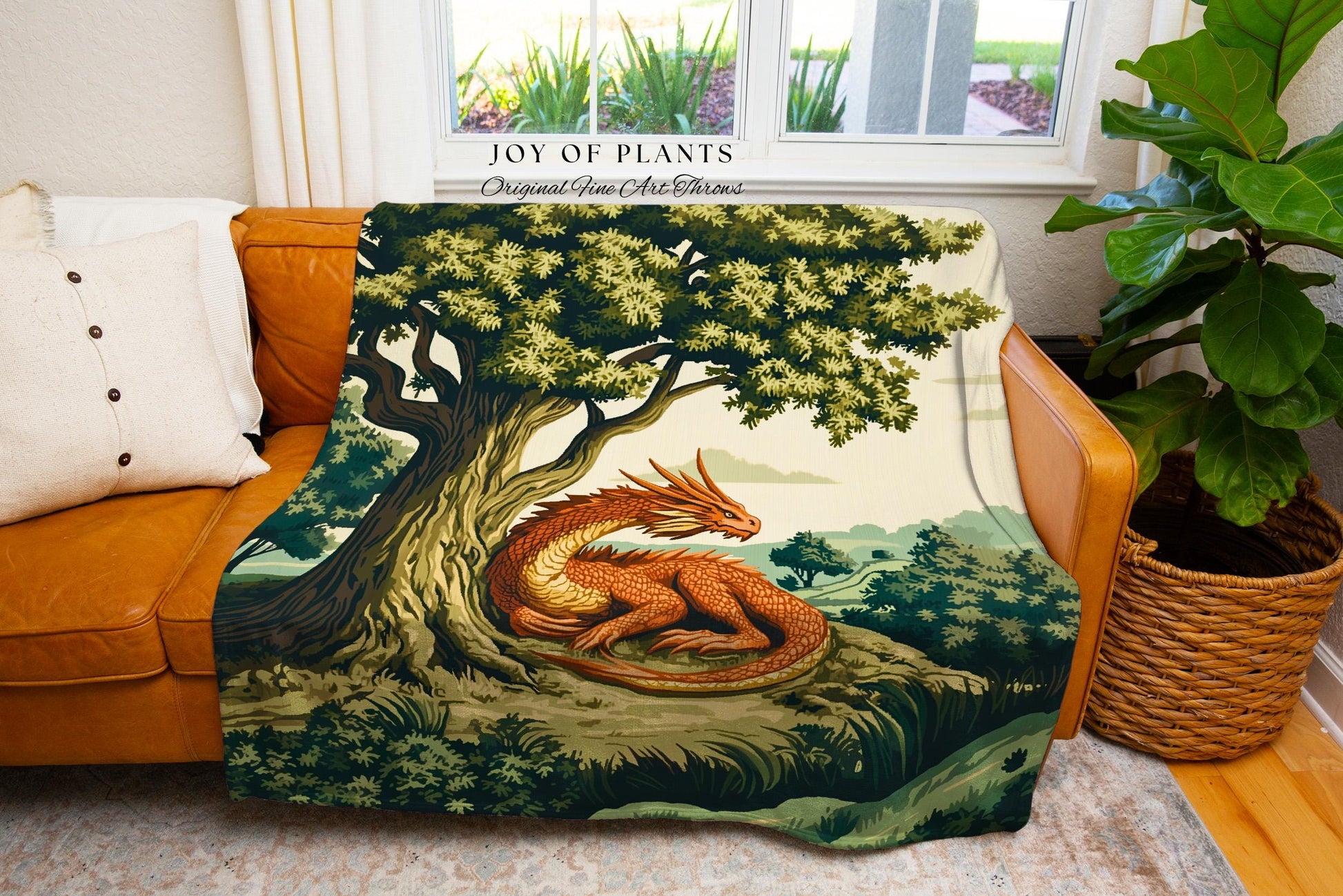 Antique Aesthetic Dragon Blanket Rustic Woodland Decor Tapestry Throw | Whimsical Fantasy Medieval Art Forestcore Woven Cozy Home Accent