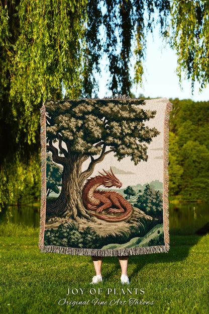 Antique Aesthetic Dragon Blanket Rustic Woodland Decor Tapestry Throw | Whimsical Fantasy Medieval Art Forestcore Woven Cozy Home Accent