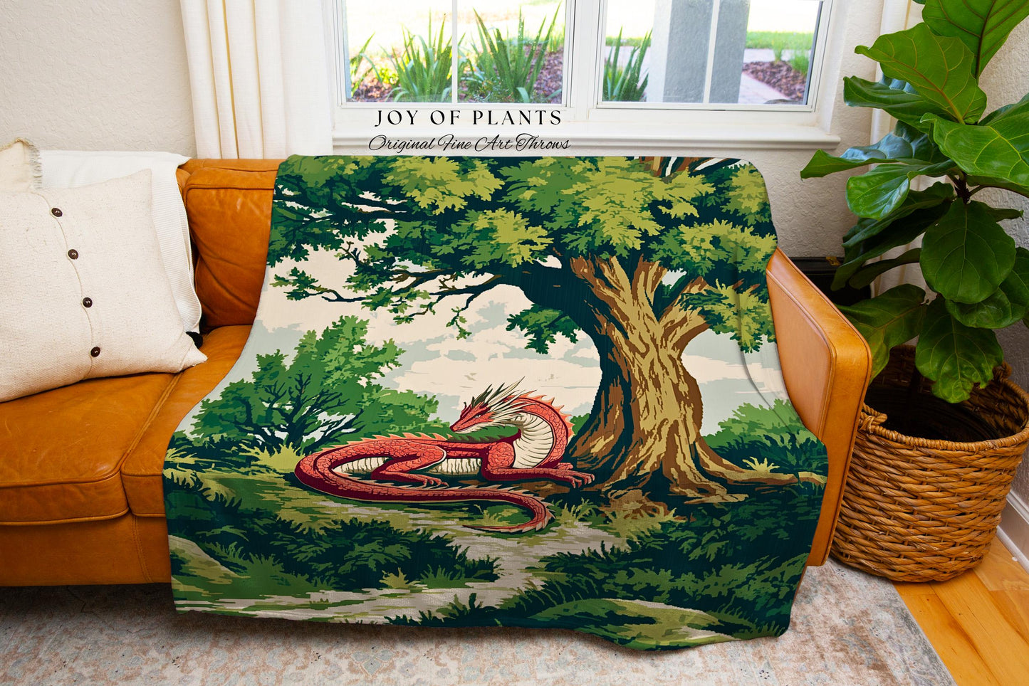 Enchanted Red Dragon Blanket Mystical Forest Scene Tapestry Throw | Fantasy Medieval Decor Cozy Home Accent Crushed Velvet Whimsical Bedding