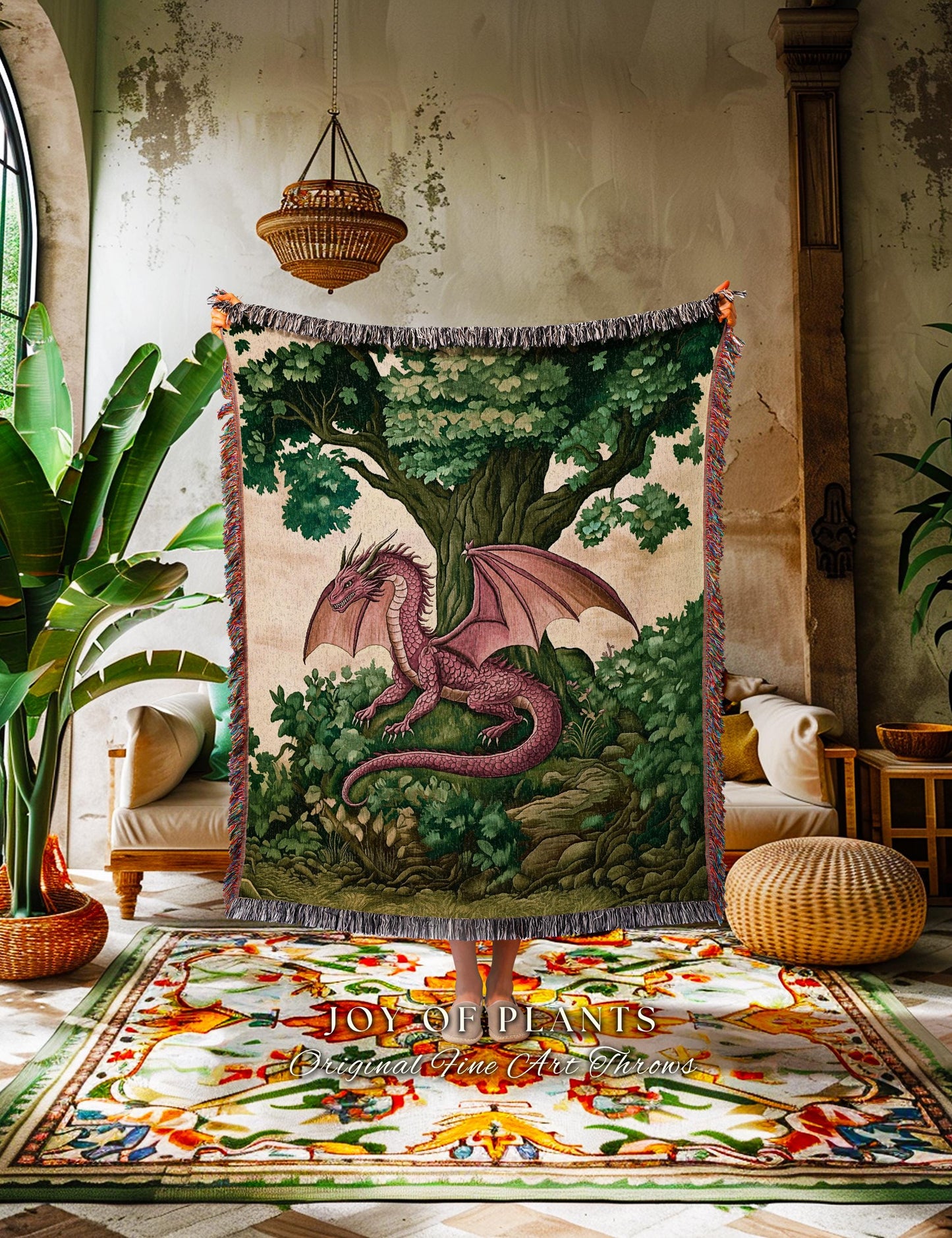 Magical Dragon Blanket Mystical Woodland Decor Cozy Throw | Fantasy Dragon Art Medieval Inspired Art Home Accent Light Academia Forestcore