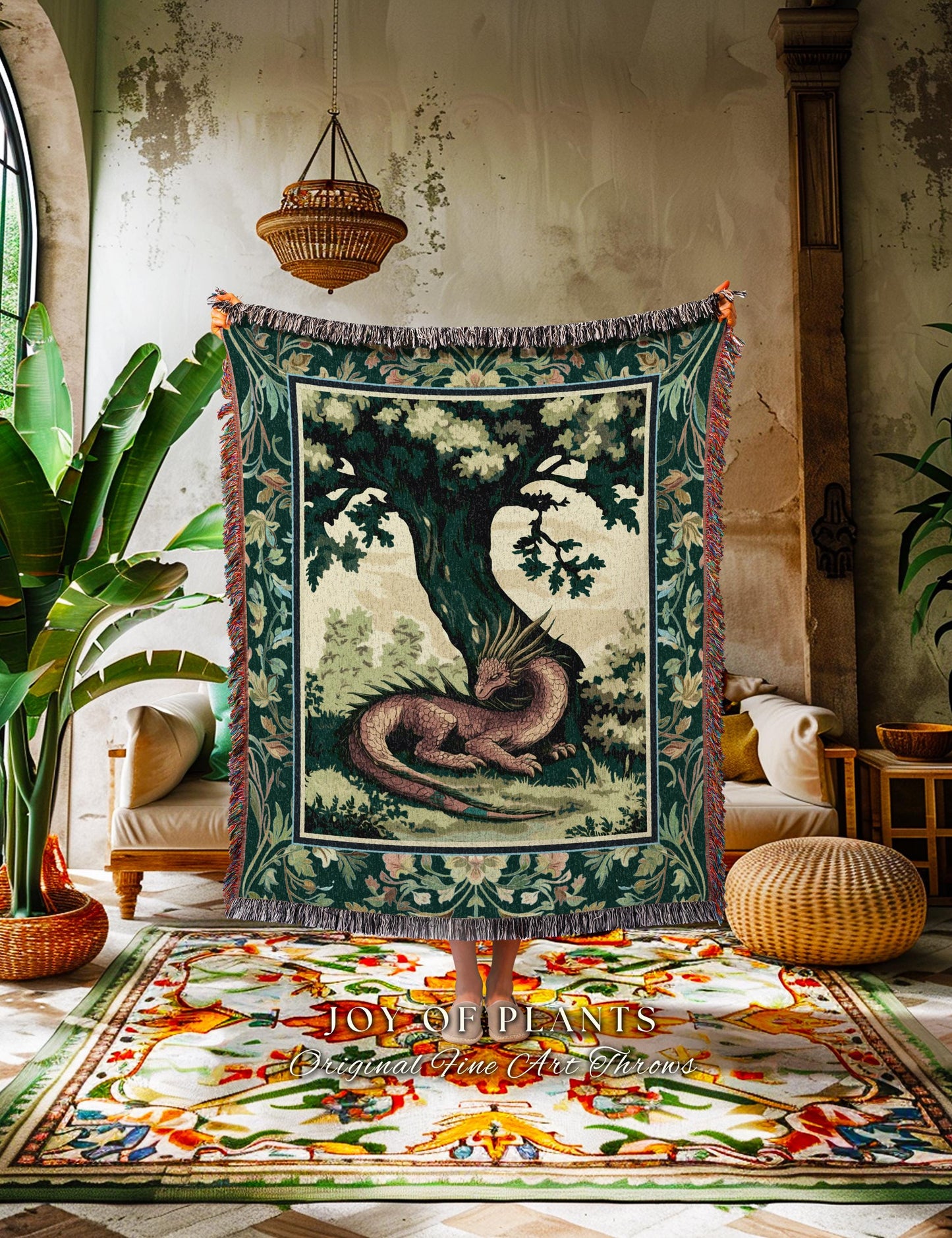 Grunge Fairycore Dragon Woven Throw Rustic Green Cottagecore Botanical Goblincore | Cottagegoth Forestcore Farmhouse Tapestry Wall Hanging