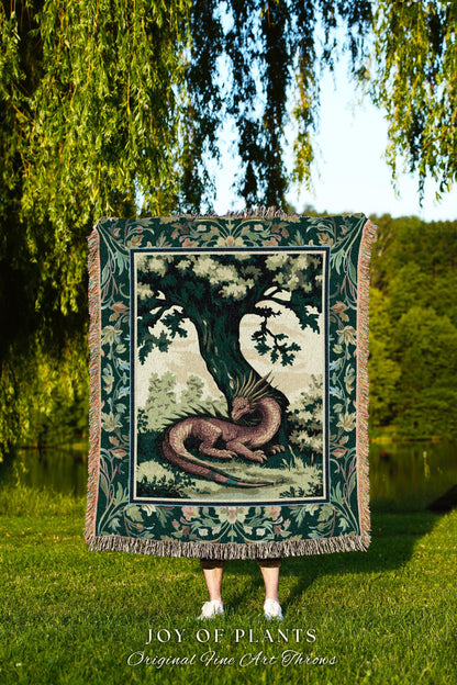 Grunge Fairycore Dragon Woven Throw Rustic Green Cottagecore Botanical Goblincore | Cottagegoth Forestcore Farmhouse Tapestry Wall Hanging