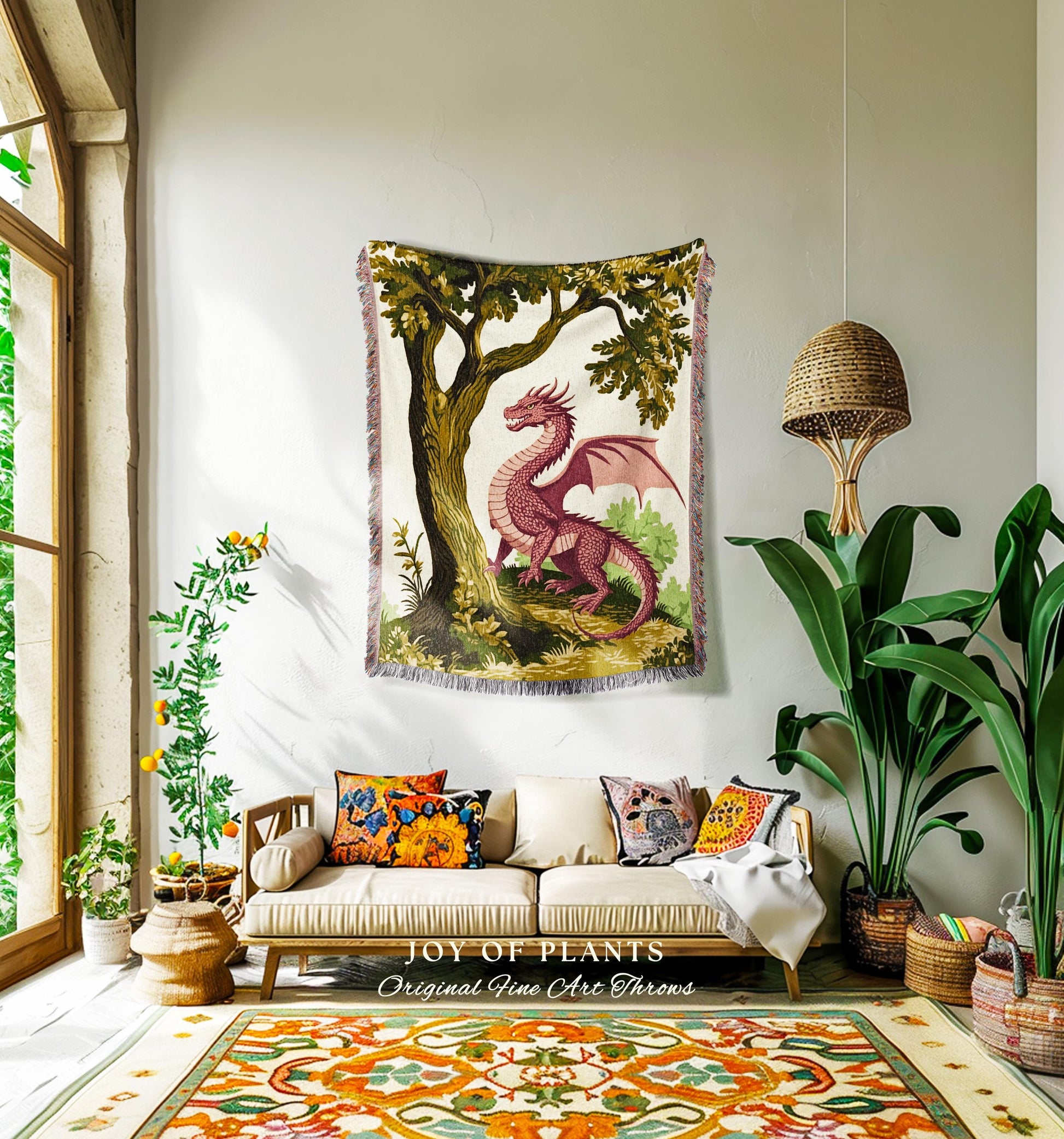 Pastoral Dragon Blanket Light Academia Inspired Woodland Tapestry Throw | Rustic Folklore Home Decor Cozy Forestcore Medieval Aesthetic Art