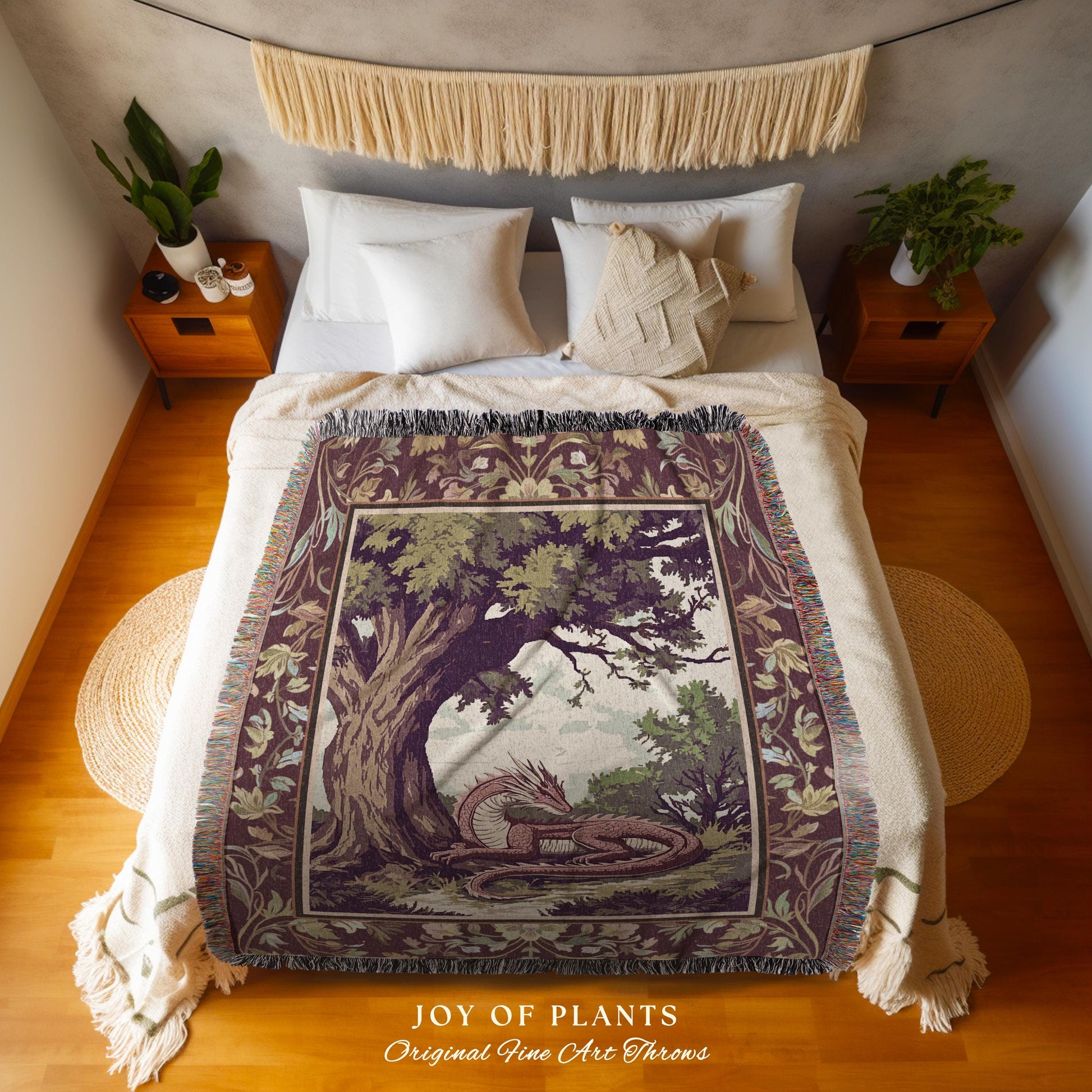 Ethereal Woodland Dragon Blanket Whimsigothic Fantasy Art Nouveau Throw | Rustic Fairycore Magic Cottagegoth Decor Enchanted Gothic Forest