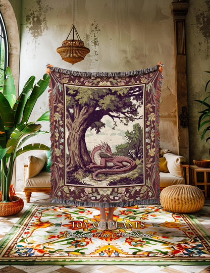 Ethereal Woodland Dragon Blanket Whimsigothic Fantasy Art Nouveau Throw | Rustic Fairycore Magic Cottagegoth Decor Enchanted Gothic Forest