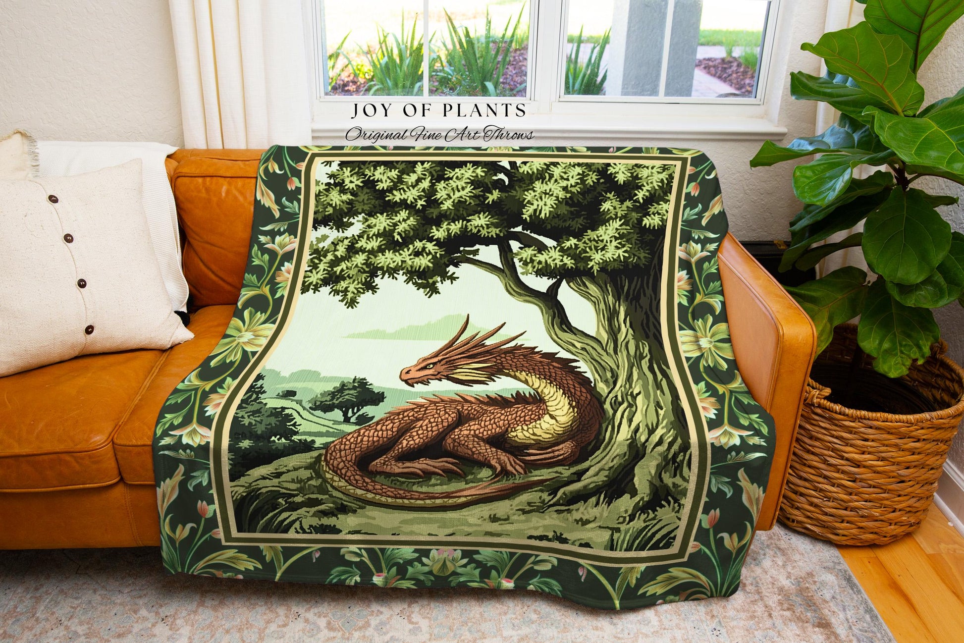 Woodland Dragon Blanket Enchanted Forest Tree Folklore Tapestry Throw | Mystical Medieval Aesthetic Sage Green Accent Rustic Fantasy Home