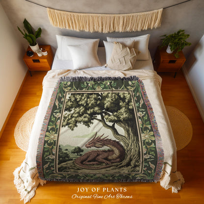 Woodland Dragon Blanket Enchanted Forest Tree Folklore Tapestry Throw | Mystical Medieval Aesthetic Sage Green Accent Rustic Fantasy Home