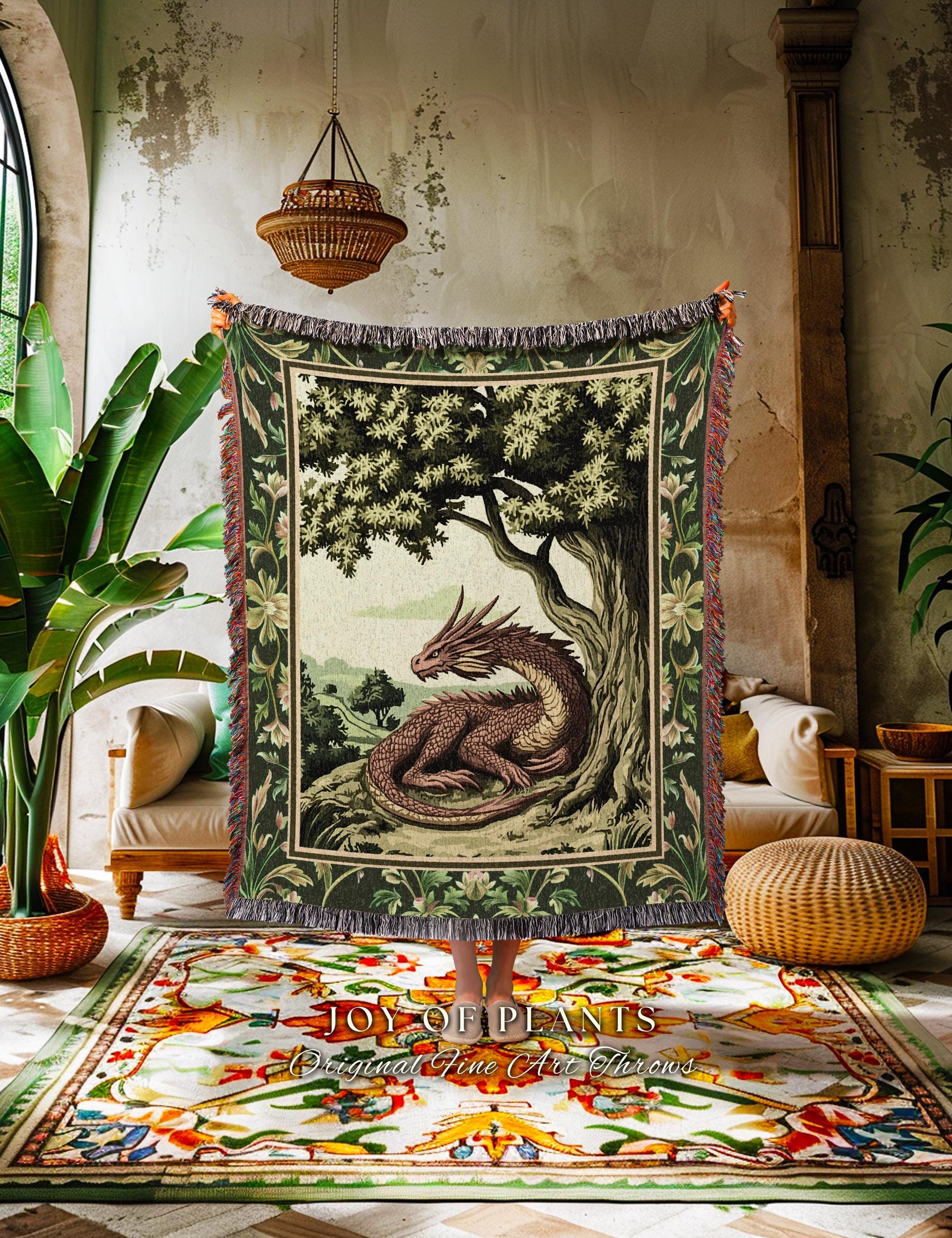 Woodland Dragon Blanket Enchanted Forest Tree Folklore Tapestry Throw | Mystical Medieval Aesthetic Sage Green Accent Rustic Fantasy Home