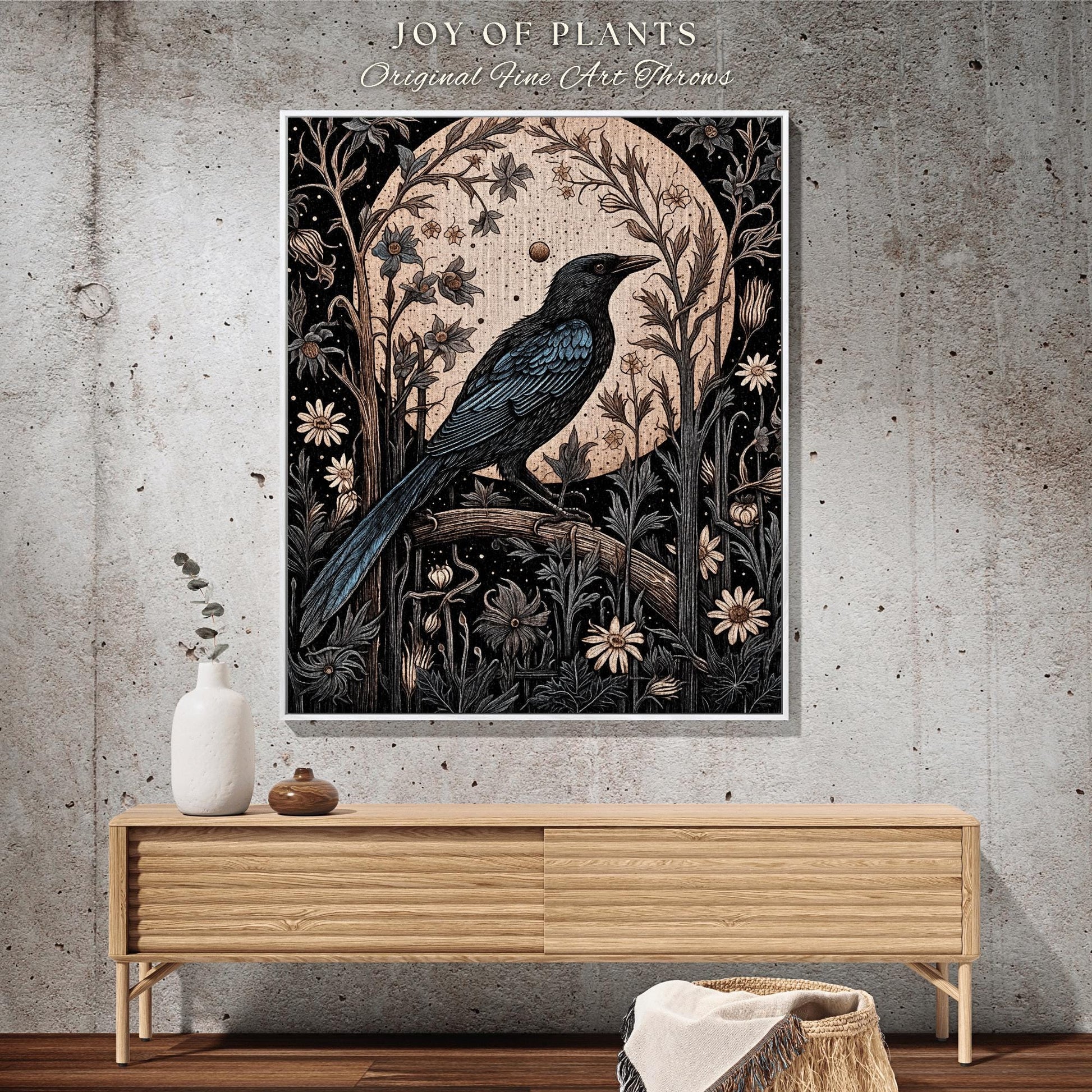 Light Gothic Raven Room Decor Dark Academia Tapestry Blanket Woven Crowcore Art | Dark Floral Crow Moon Mystic Woven Whimsigoth Wall Hanging