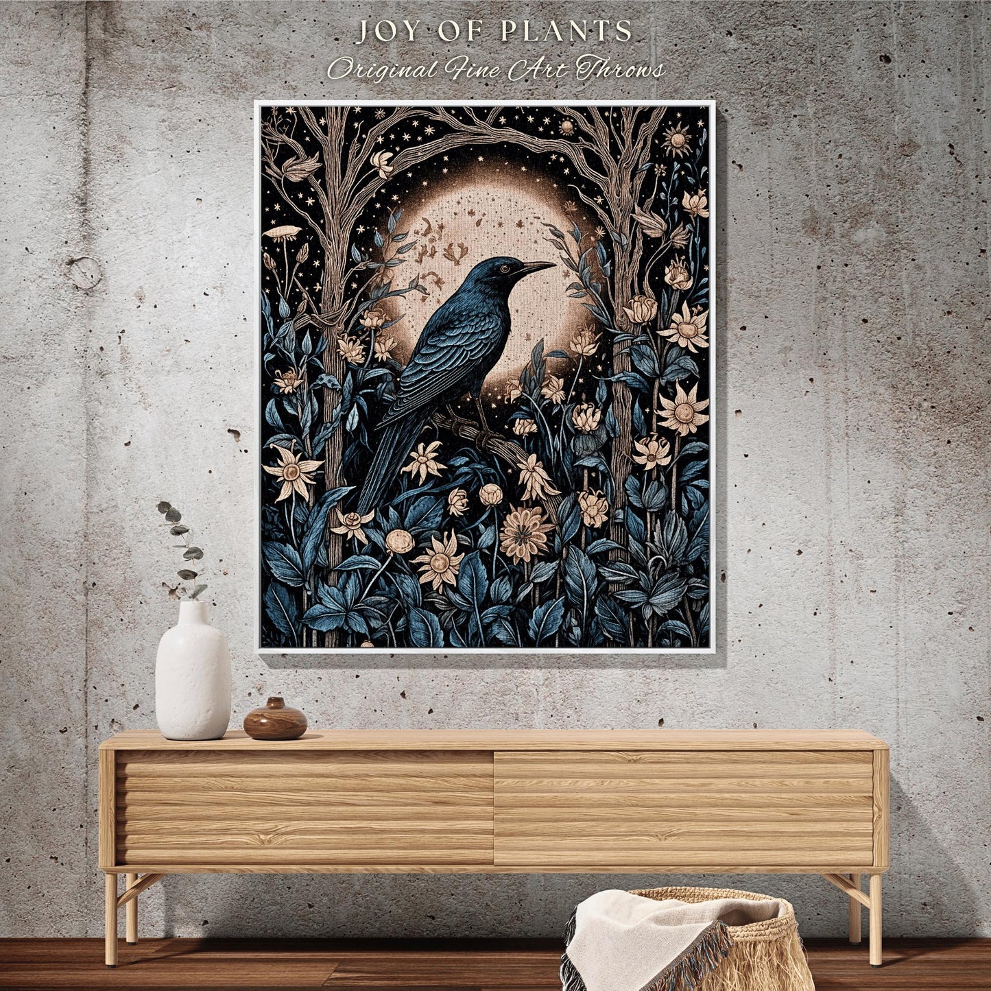 Moonlit Dark Forest Raven Floral Throw Blanket Grunge Fairycore Crowcore Decor Moody Maximalism Crow Moon Cozy Gothic Celestial Cottagecore