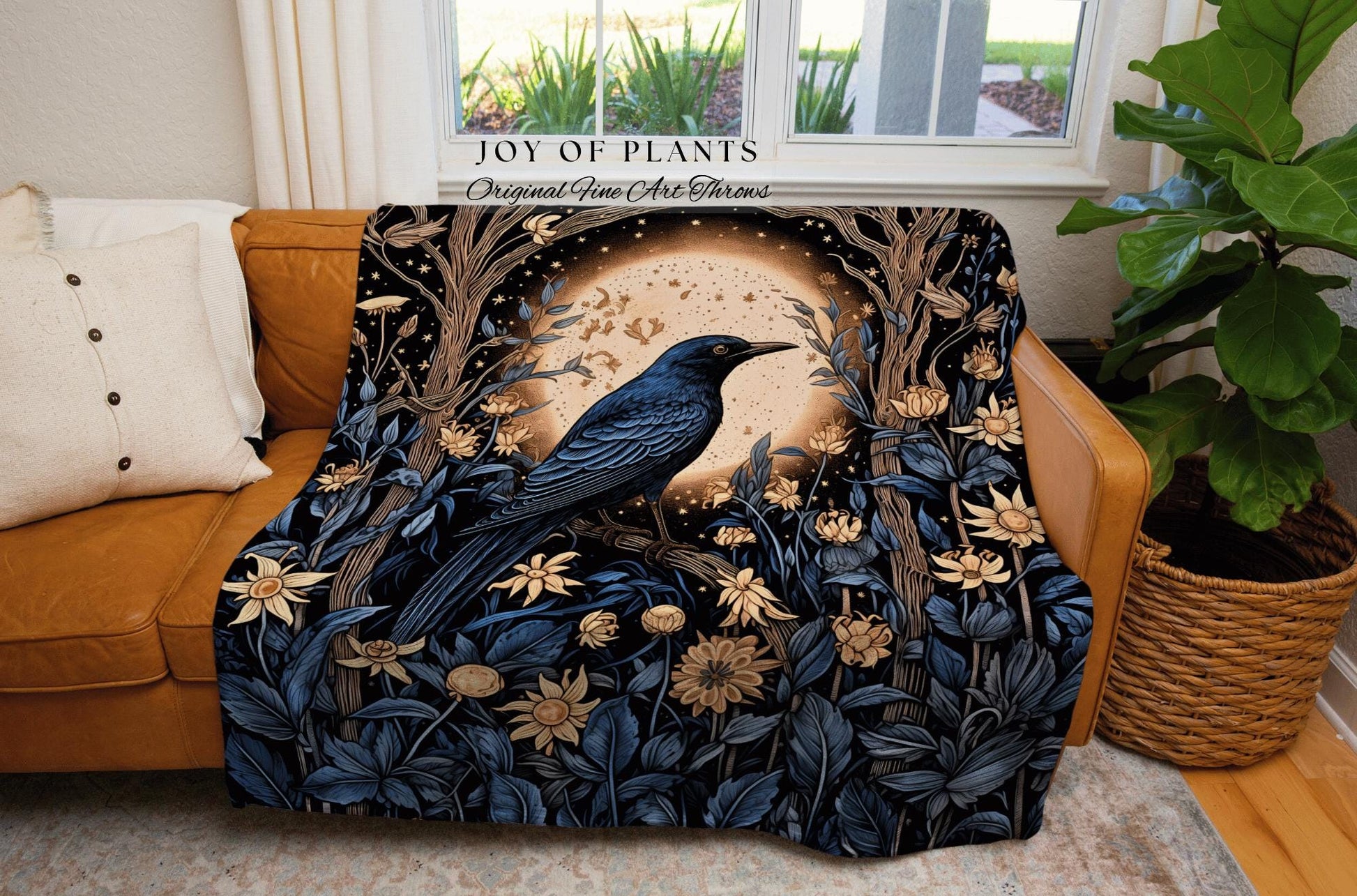 Moonlit Dark Forest Raven Floral Throw Blanket Grunge Fairycore Crowcore Decor Moody Maximalism Crow Moon Cozy Gothic Celestial Cottagecore