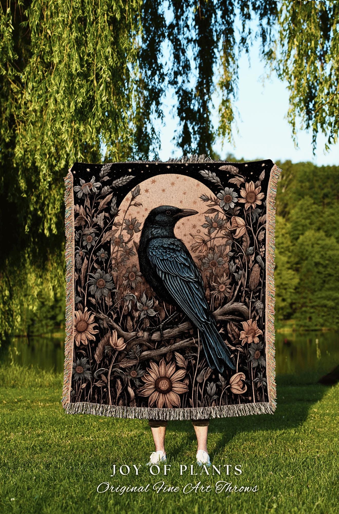 Woodland Gothic Cozy Dark Floral Crow Blanket Celestial Forestcore Raven Tapestry Throw Whimsical Crowcore Vulture Culture Whimsigoth Decor