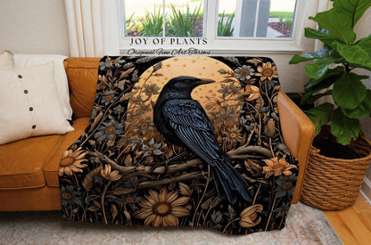 Woodland Gothic Cozy Dark Floral Crow Blanket Celestial Forestcore Raven Tapestry Throw Whimsical Crowcore Vulture Culture Whimsigoth Decor