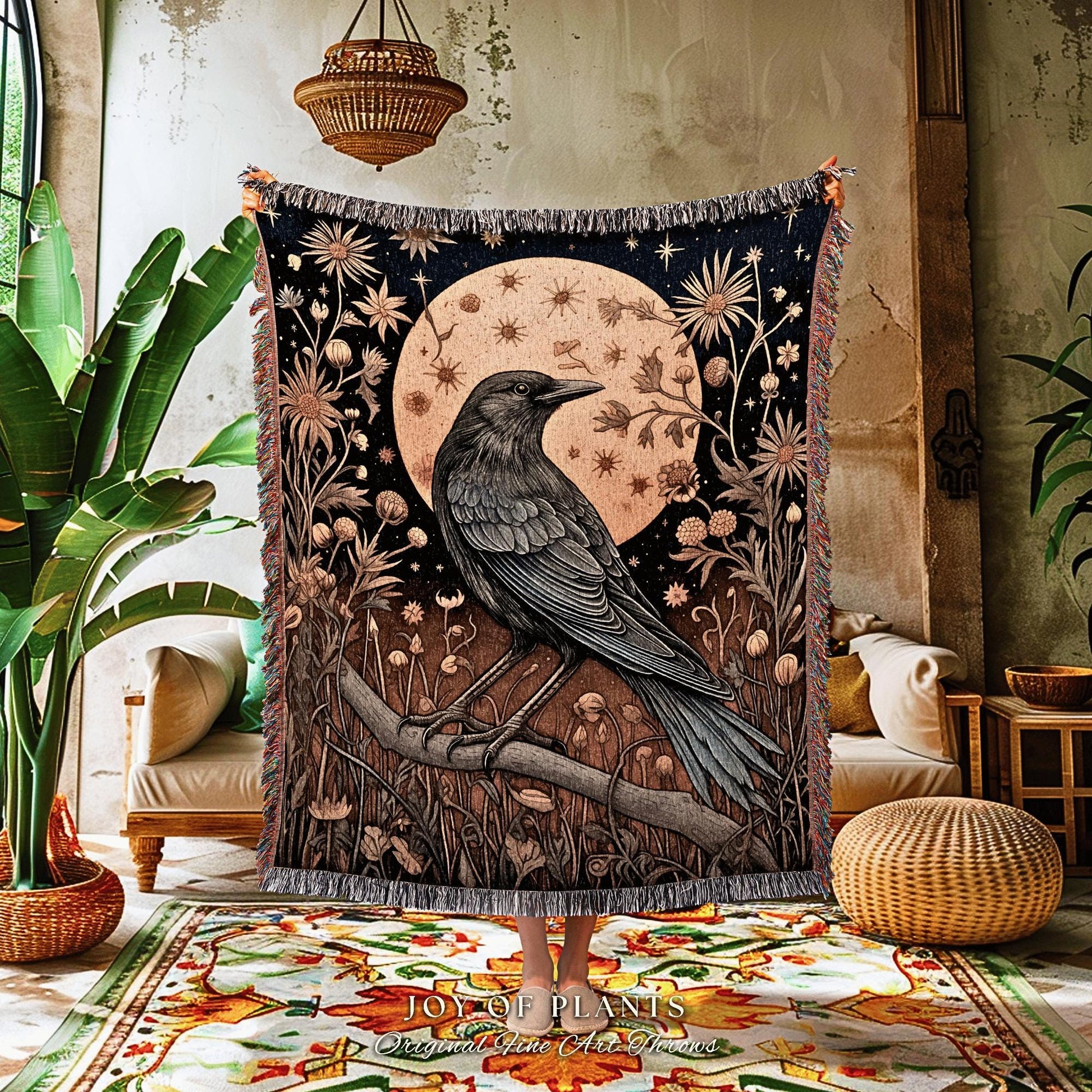 Rustic Raven Woven Throw Vintage Moon Celestial Dark Cottagecore Art | Dark Floral Forestcore Tapestry Blanket Grunge Fairycore Crow Decor