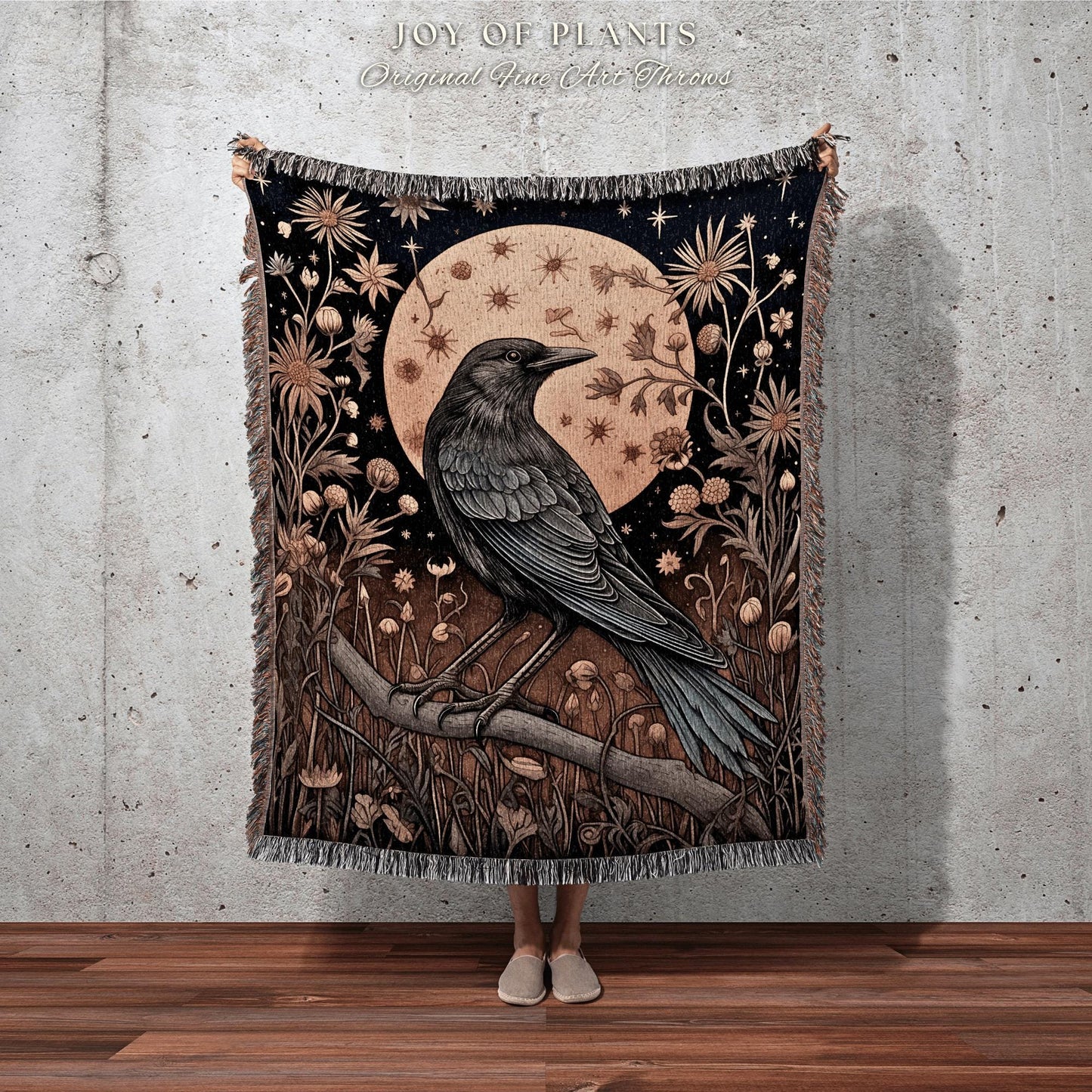 Rustic Raven Woven Throw Vintage Moon Celestial Dark Cottagecore Art | Dark Floral Forestcore Tapestry Blanket Grunge Fairycore Crow Decor