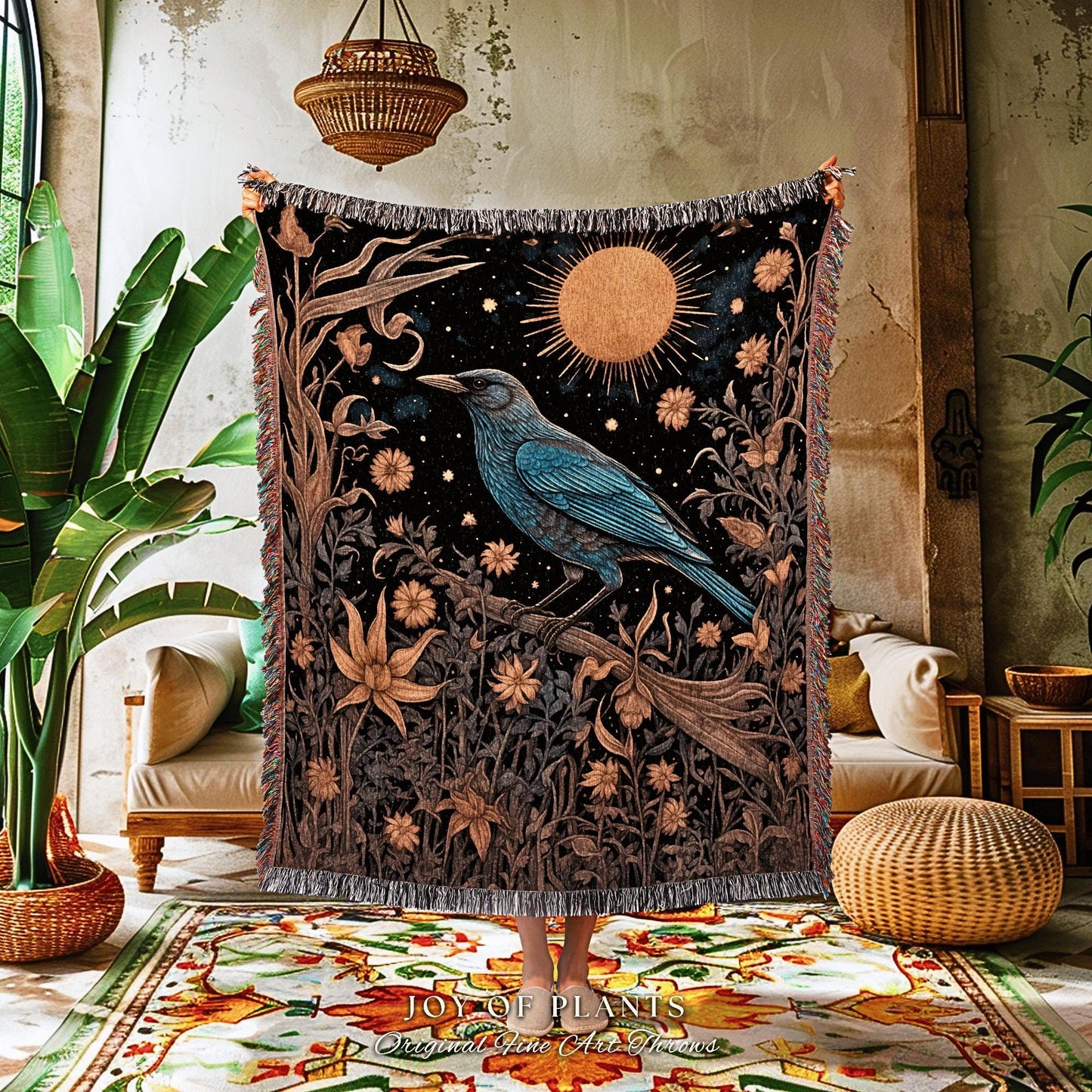 Celestial Crow Blanket Mystical Night Garden Tapestry | Gothic Nature Raven Decor Dark Cottagecore Woven Throw Enchanted Boho Crowcore Art