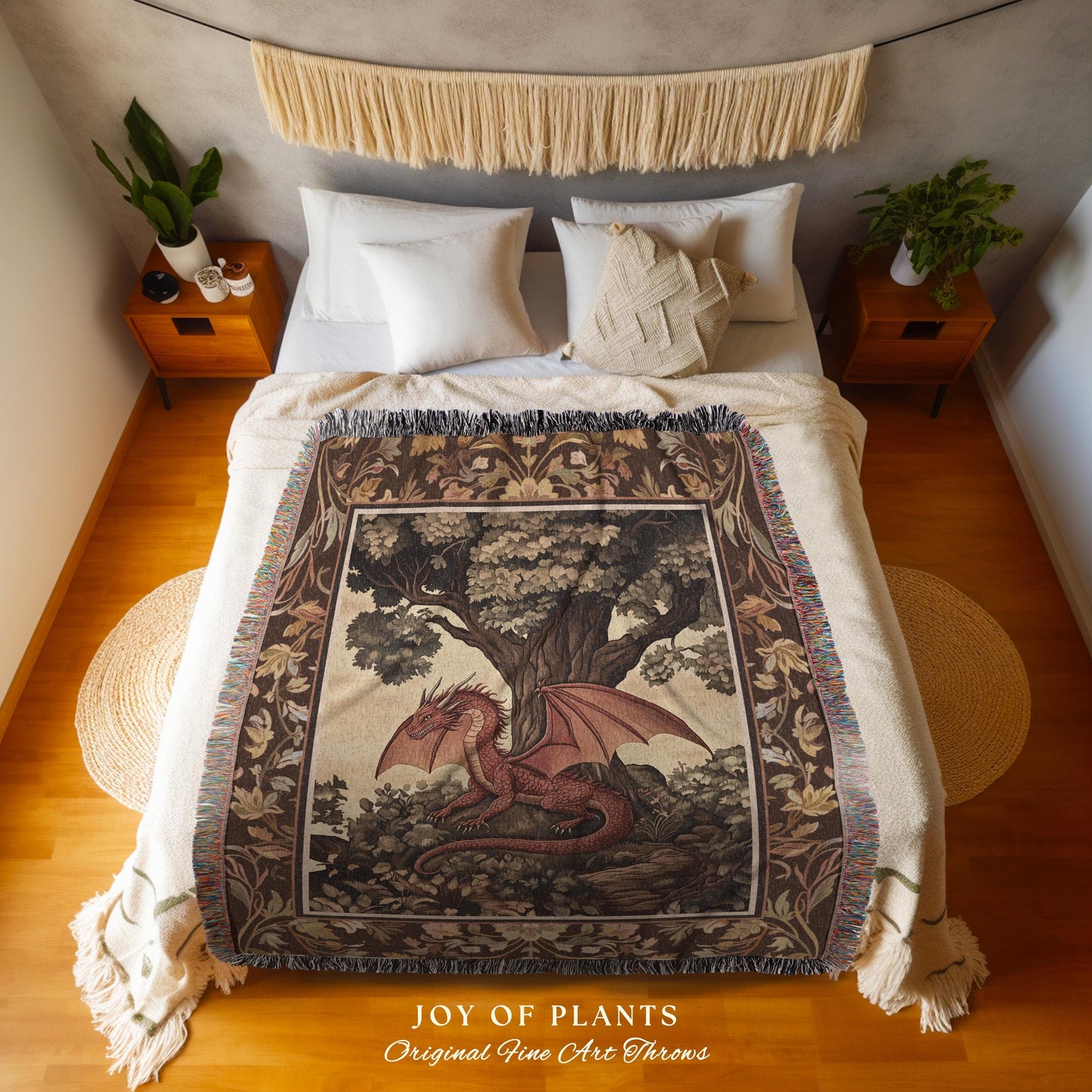 Rustic Dragon Blanket Mystical Forest Scene Woven Throw | Enchanted Dark Academia Aesthetic Medieval Inspired Folklore Art Cozy Home Decor