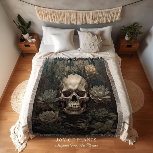 Succulent Skull Blanket Dark Cottagecore Decor | Skull Tapestry Plant Lover Gift Goth Blanket Woven Throw Moody Botanical Art Vintage Gothic