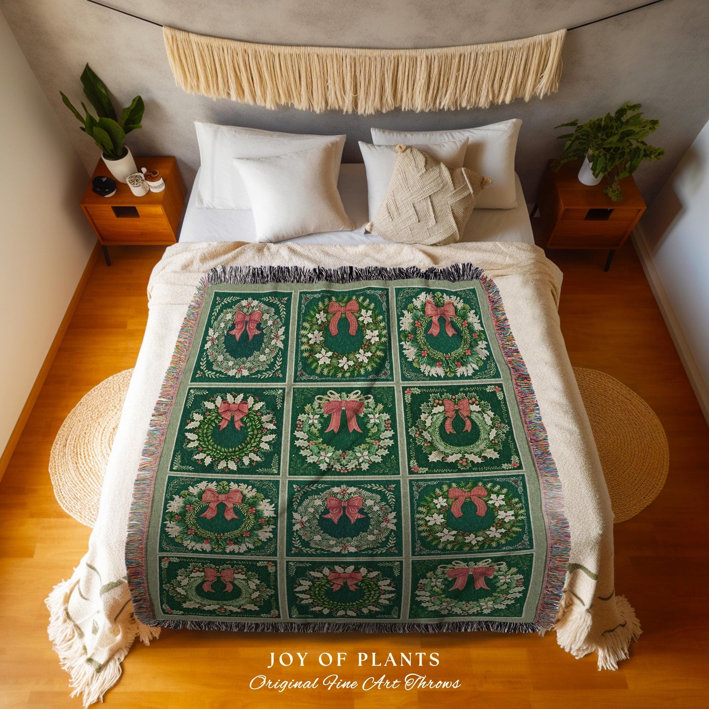 Christmas Wreath Patchwork Tapestry Blanket Scandinavian Holiday Decor Nordic Style Throw | Vintage Boho Woven Wall Art Festive Cottage Gift