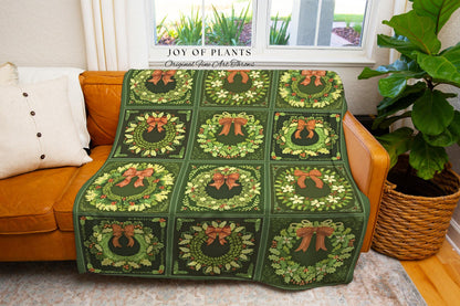 Festive Green Holiday Squares Woven Blanket Rustic Farmhouse Christmas Tapestry Throw | Vintage Cozy Sofa Decor Boho Country Cottage X-Mas