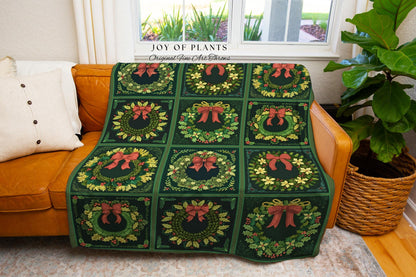 Vintage Christmas Wreath Green Holiday Throw Blanket Rustic Farmhouse Woven Tapestry | Cozy Festive Decor Boho Cottagecore Aesthetic Gift