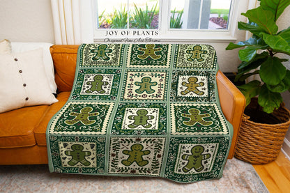 Retro Folk Art Gingerbread Blanket Vintage Forest Green Hygge Holiday Decor | Nordic Cottage Home Scandi Sage Green Festive Tapestry Throw