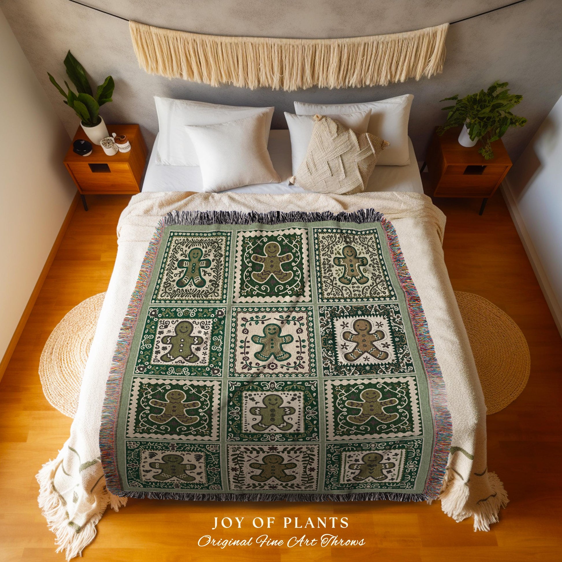 Retro Folk Art Gingerbread Blanket Vintage Forest Green Hygge Holiday Decor | Nordic Cottage Home Scandi Sage Green Festive Tapestry Throw