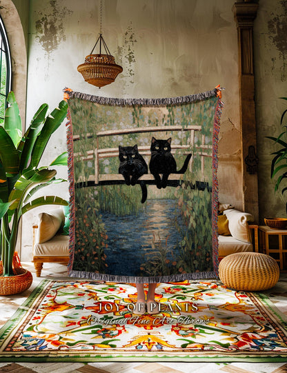 Black Cat Friends Blanket Woven Tapestry Claude Monet Bridge Over a Pond of Water Lilies | Art Tapestry Monet Water Lilies Blanket Cat Gift