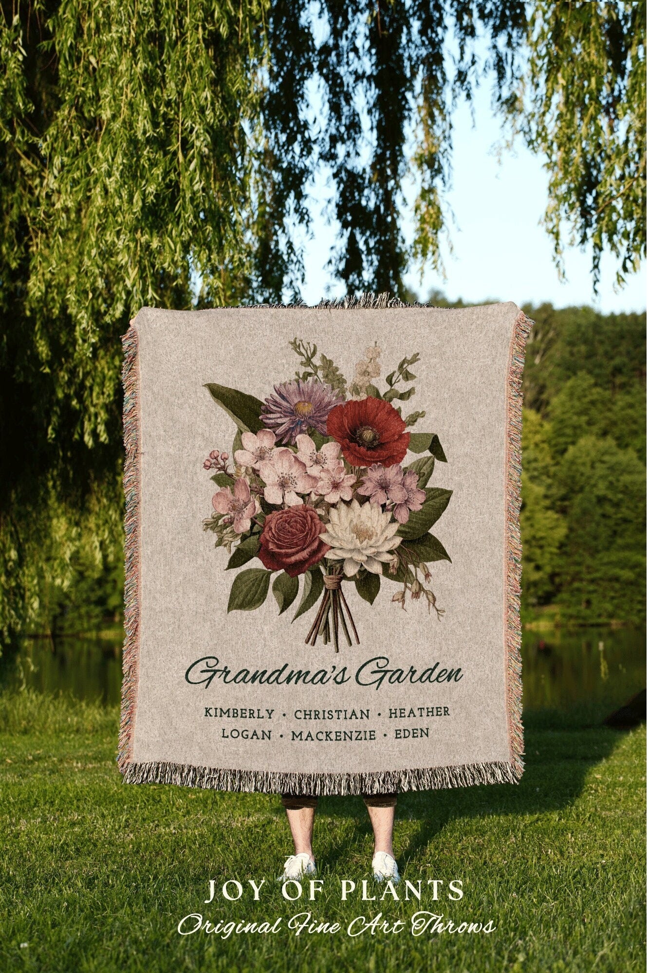 Birth Flower Bouquet Blanket | Personalized Family Names Gift Mimi's Garden Birth Month Flower Custom Grandma's Garden Bouquet Blanket Woven