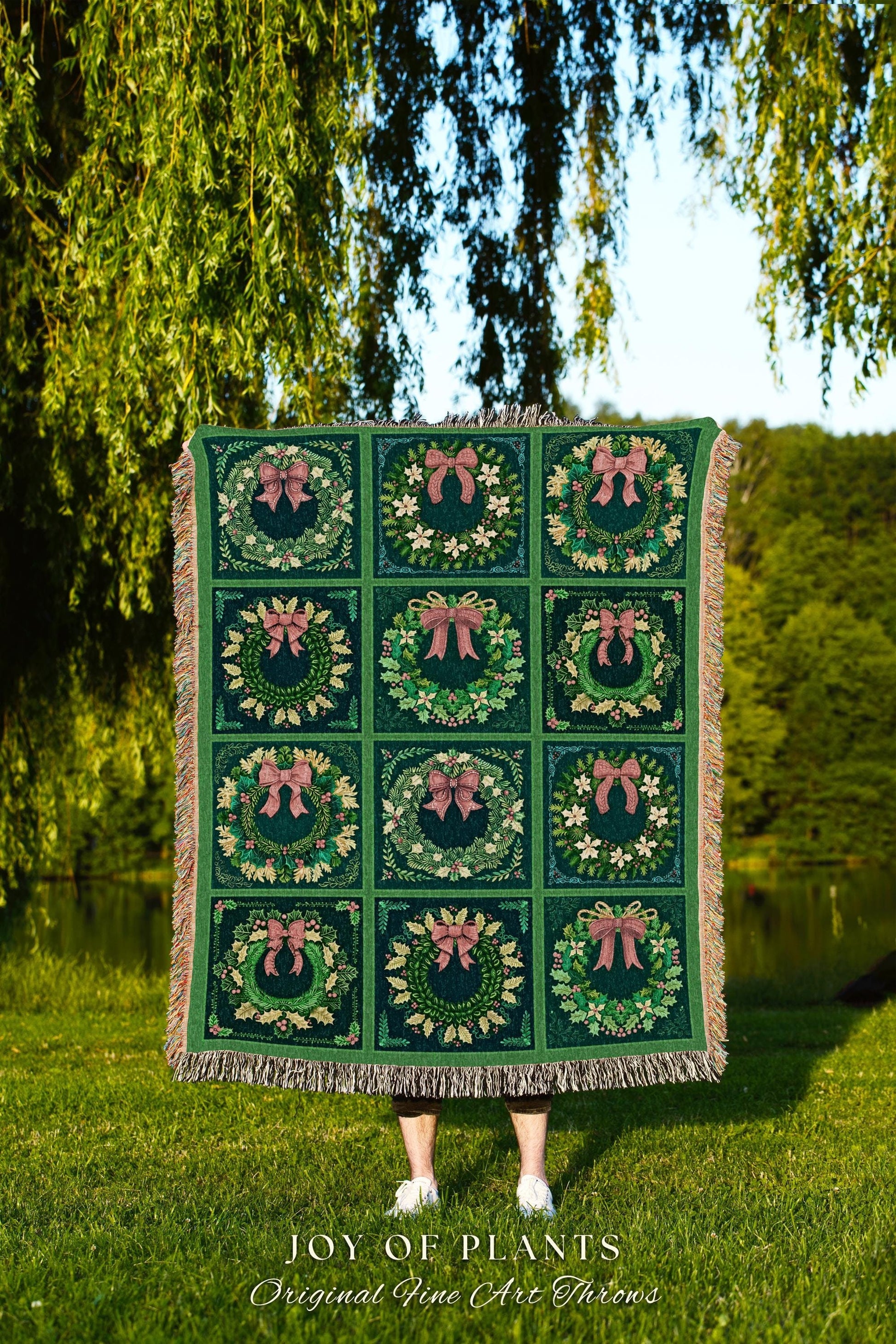 Maximalist Emerald Green Wreath Throw Modern Retro Holiday Decor | Bold Festive Christmas Tapestry Blanket Eclectic Cozy Mid Century Modern