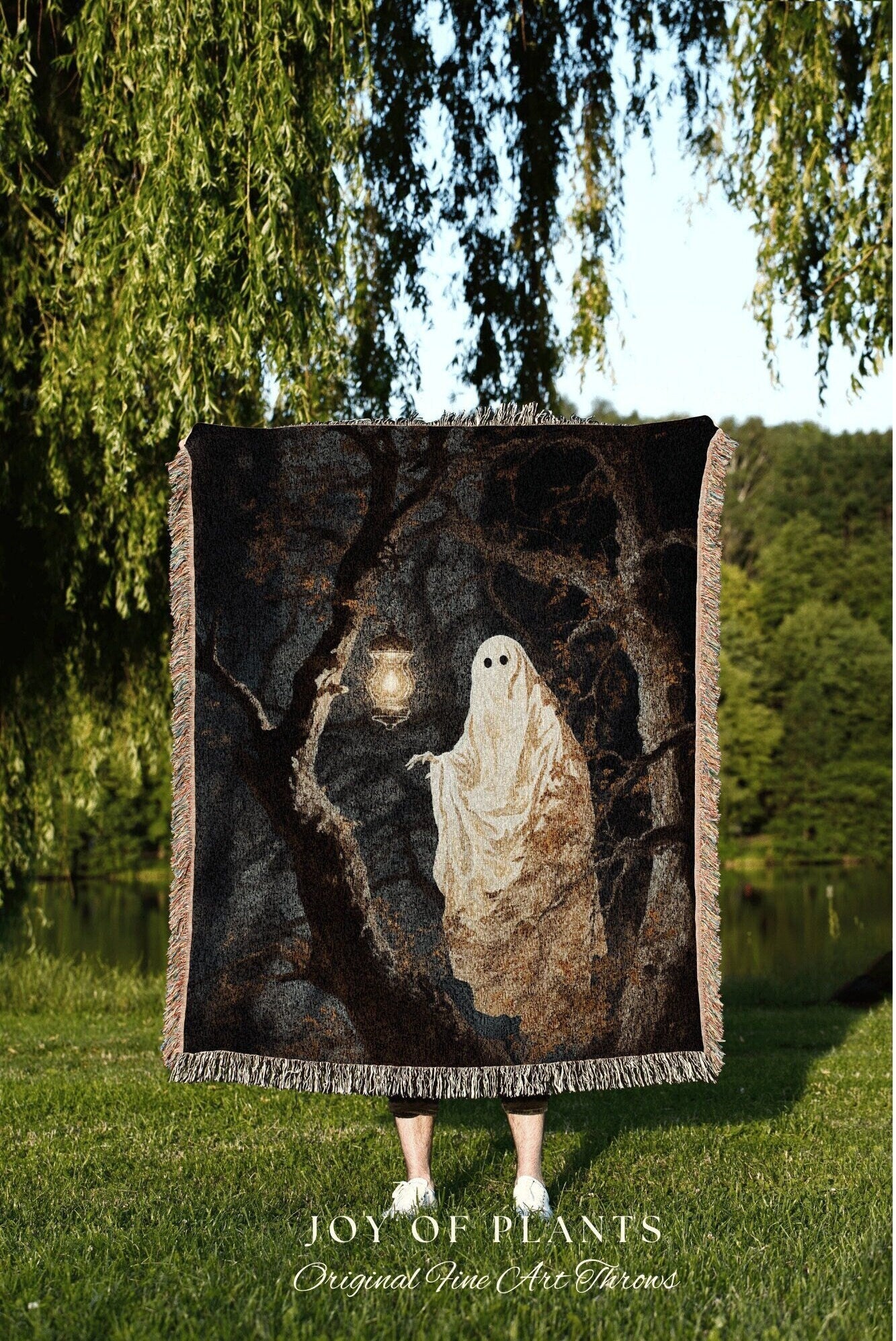 Haunted Forest Spirit Ghost Painting Gothic Tapestry Woven Blanket | Spooky Cute Ghost Art Whimsigoth Home Decor Macabre Halloween Aesthetic