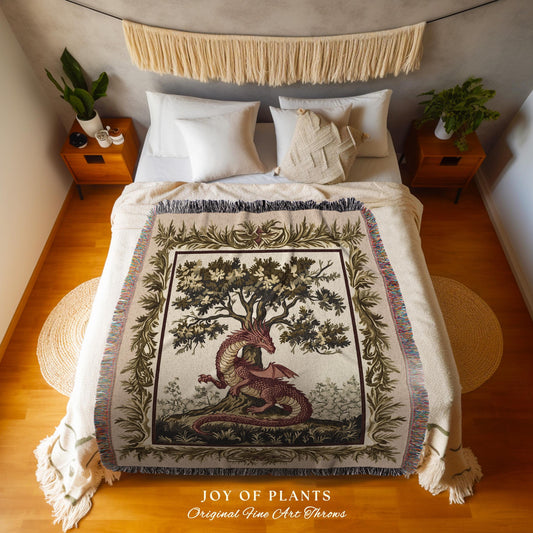 Light Academia Dragon Blanket Whimsical Woodland Goblincore Tapestry Throw | Magical Mythical Creature Decor Cozy Rustic Whimsigothic Home