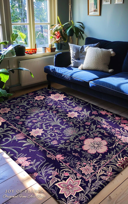 Runner Rug Whimsical Florals | Dark Renaissance Style Art Deco Aesthetic Purple Botanical Hallway Rug Morris Inspired Fairycore Gothic Room