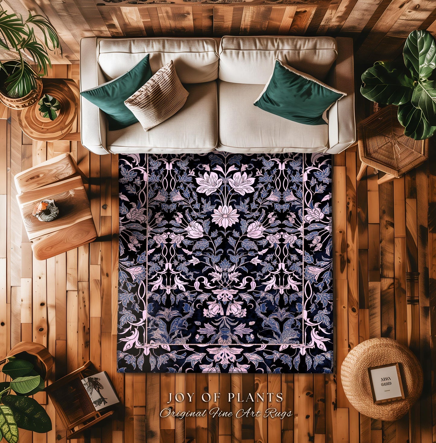 Elegant Fairycore Floral Area Rug | Ornate Renaissance Style Art Deco Aesthetic Purple Dark Botanical Rug William Morris Inspired Wildflower