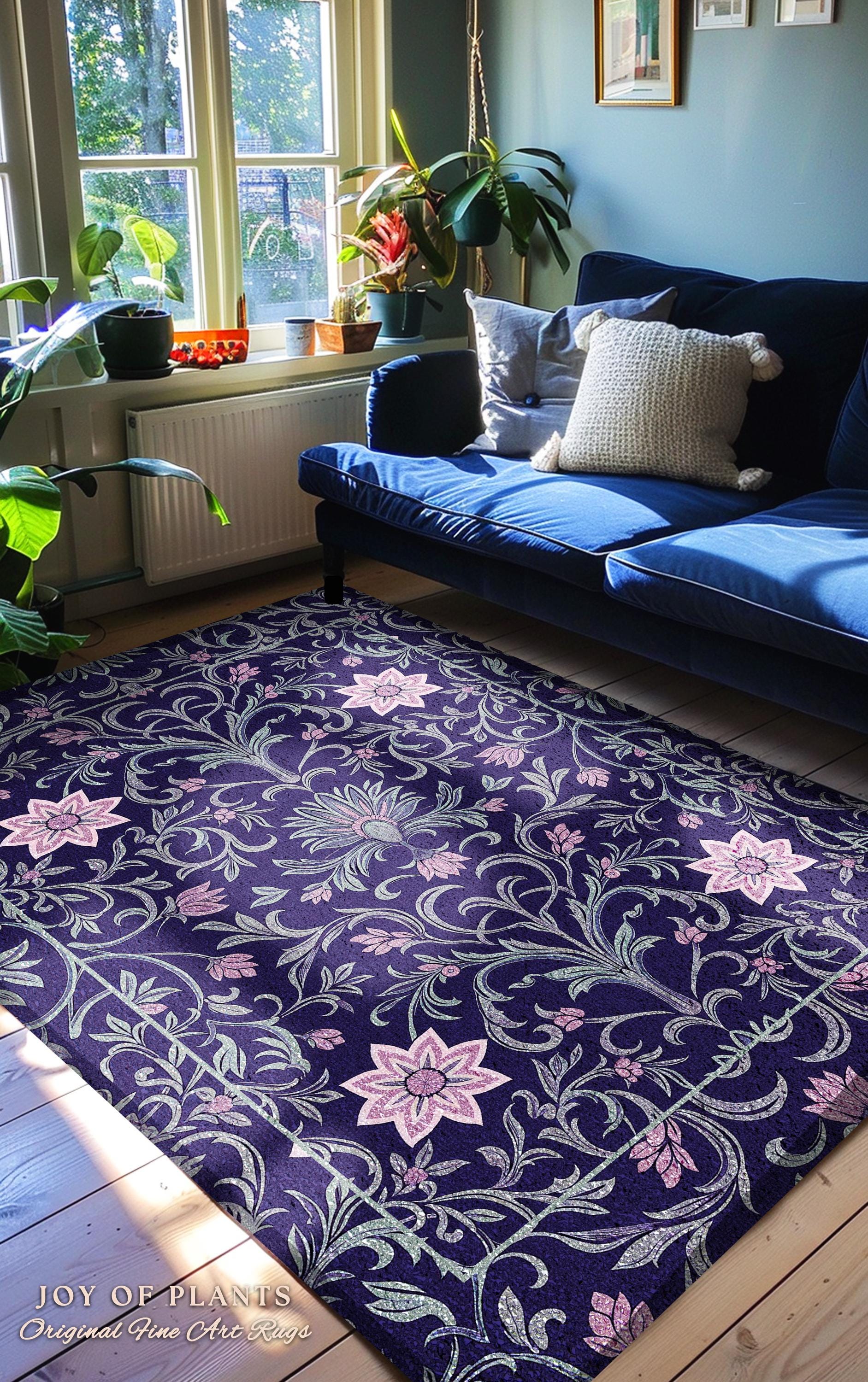 Art Deco Aesthetic Floral Area Rug | Whimsical Maximalist Ornate Dark Renaissance Style Art Deco Aesthetic Lavender Purple Botanical Rug