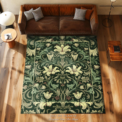 Antique Victorian Floral Rug Dark Green Botanical Aesthetic, Baroque Inspired Art Nouveau Vintage Cottagecore Mat William Morris Style Decor