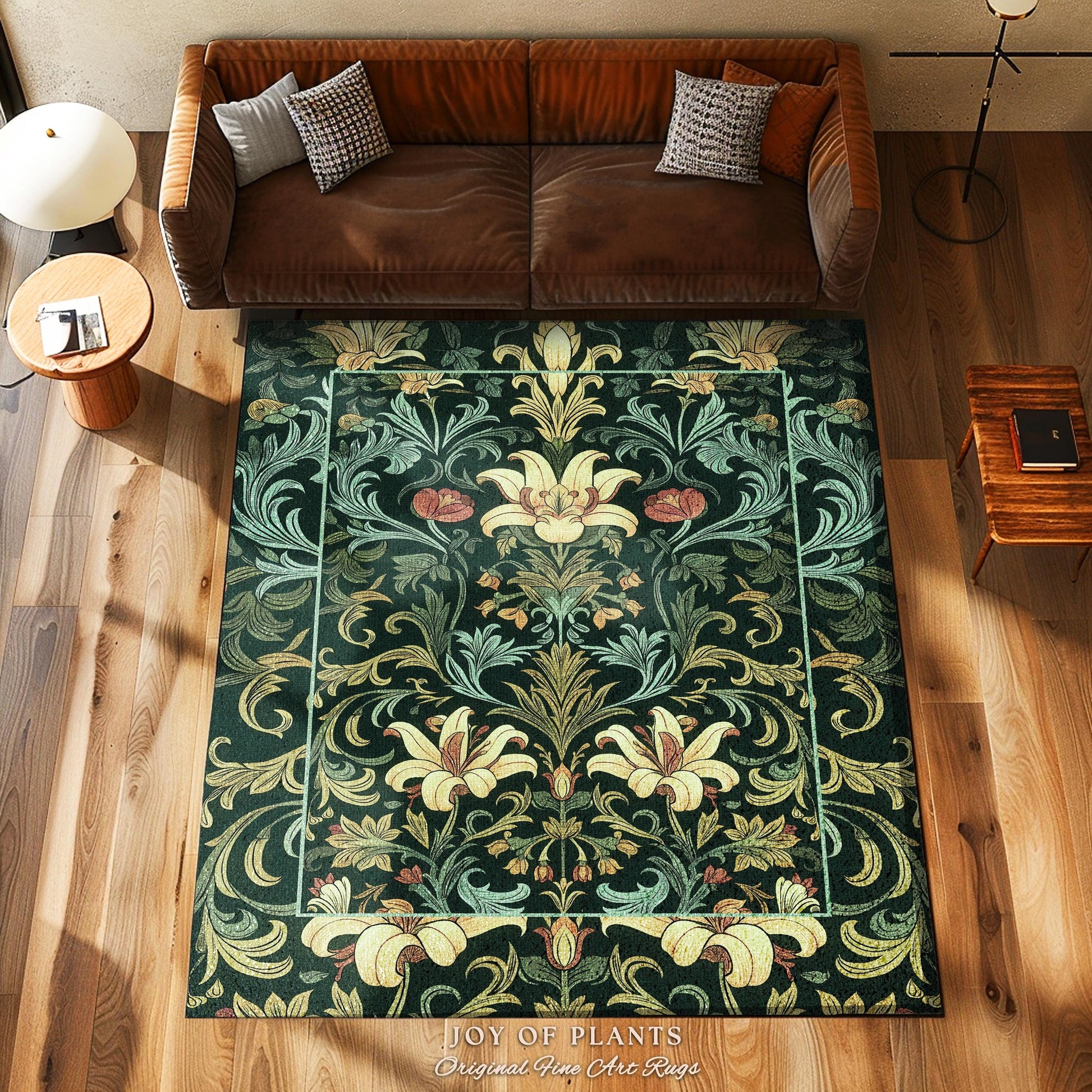 Vintage Green Botanical Art Nouveau Rug William Morris Style Victorian Floral Design | Dark Academia Woodland Aesthetic Gothic Cottagecore