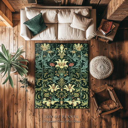 Vintage Green Botanical Art Nouveau Rug William Morris Style Victorian Floral Design | Dark Academia Woodland Aesthetic Gothic Cottagecore