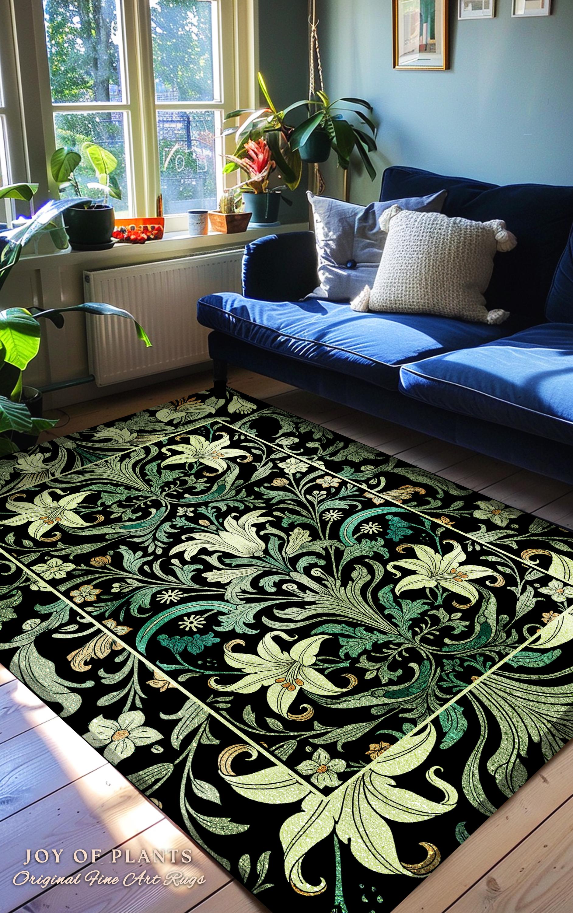 Ornate Green Botanical Rug Art Nouveau Victorian Floral William Morris Inspired Decor | Elegant Academia Lily Flower Antique Cottagecore Rug